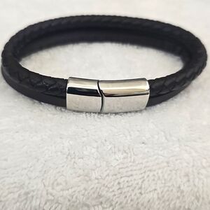 NWT ADORNIA Leather Braided Combo Bracelet w Shiny Stainless Steel for Men 8"